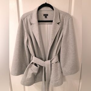Flattering, on-trend grey Ann Taylor Factory tie-belt blazer